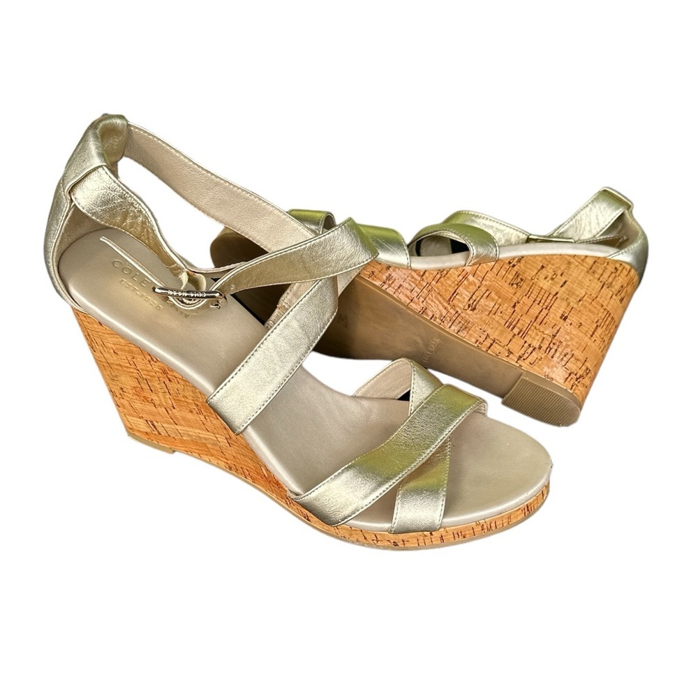 COLE HAAN METALLIC GOLDTONE WEDGE STRAPPY PLATFORM SHOES 9 - Picture 3 of 13